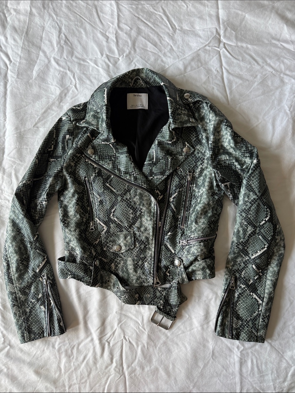 Bershka Snake-Print Green Cropped Moto Jacket